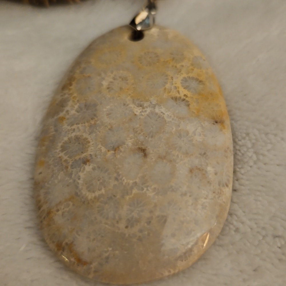 Heishi Shell Beaded Chrysanthemum Fossil Coral Teardrop Pendant Necklace - Picture 12 of 12